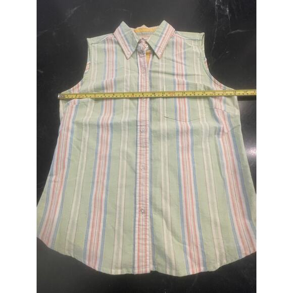 BASS Sleeveless button up Camp Shirt mint green/pink stripe Small 100% Cotton - Picture 6 of 8